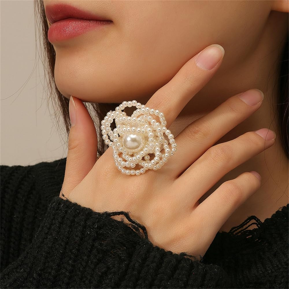 Pearl Ball Flower Statement Ring for Women Girls Gold Tone Handmade Adjustable Expandable Artificial Pearls Bead Cluster Open Wrap Finger Rings Comfort Fit Fashion Wedding Christmas Theme Party Jewelry Gift - WORLD TIME VISITS