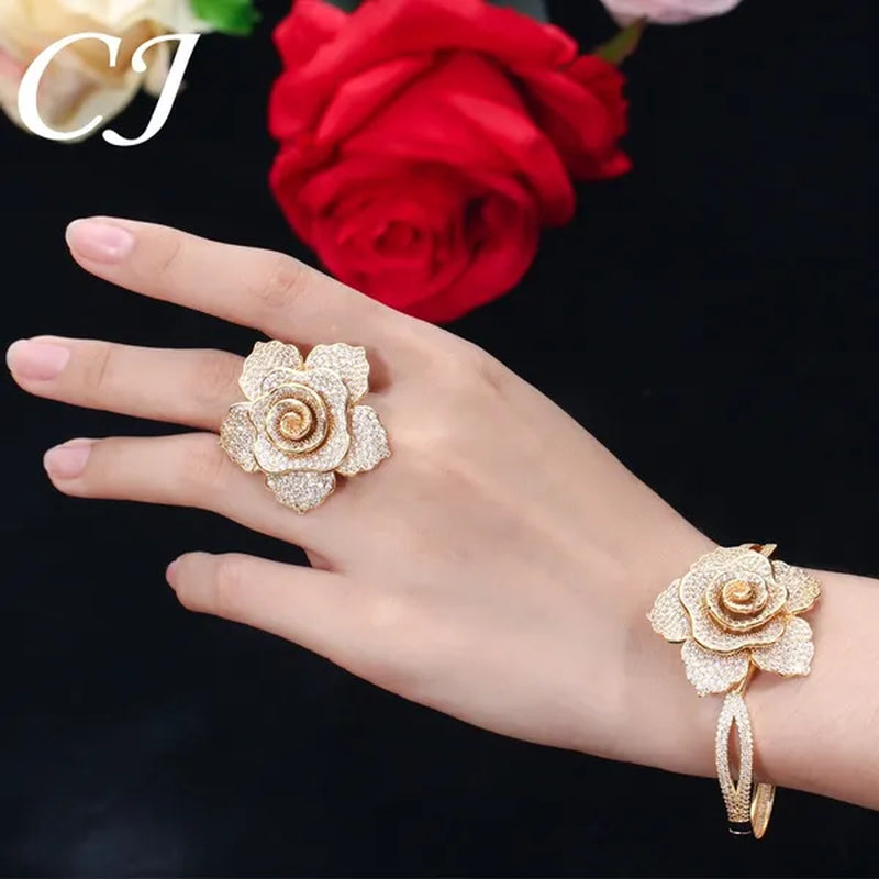 CANDICE Exquisite Open Cuff Style Paving Cubic Zirconia White Gold Plating Women Large Flower Bangle Bracelets Jewelry for Evening Party Wedding