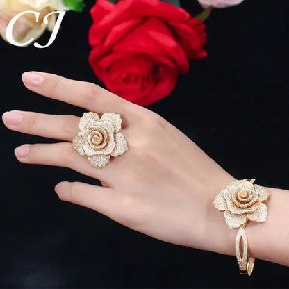 CANDICE Exquisite Open Cuff Style Paving Cubic Zirconia White Gold Plating Women Large Flower Bangle Bracelets Jewelry for Evening Party Wedding