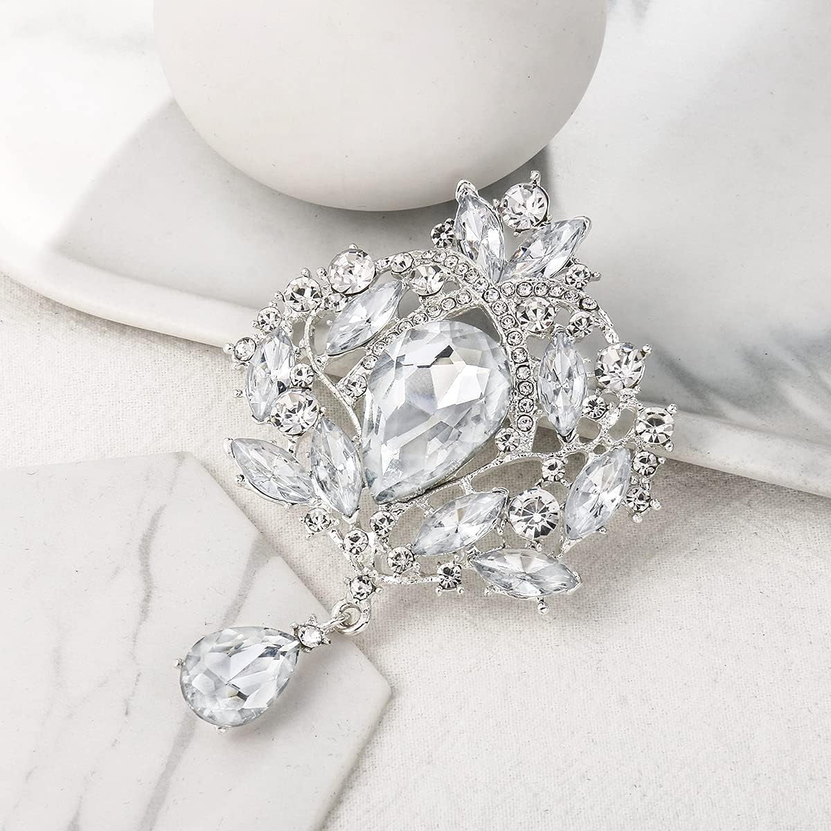 2 Pieces Crystal Rhinestone Marquise Pear-Shaped Teardrop Flower Brooch Pin Set for Women