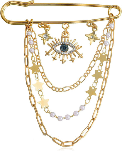 Crystal Eye Brooch Pin Multi-Layer Hanging Chain Lapel Pin Elegance CZ Evil Eye Star Charm Brooch Lucky Devil Eye Tassel Pin Wedding Bouquet Badge Jewelry for Women Men