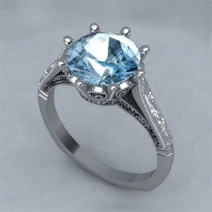 Fashion 2.0ct Round Cut Aquamarine Gemstone Ring Exquisite Silver Carver Flower Diamond Ring Couple Wedding Jewelry