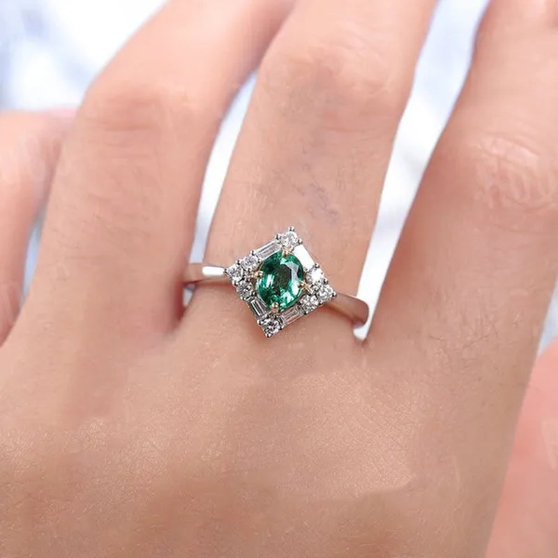 Oval Cut Emerald Engagement Ring Art Deco Ring Halo round and Baguette Diamond Vintage White Gold Wedding Ring Unique Anniversary Art Deco Size 5-11 Bague Femme