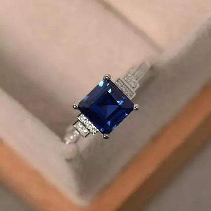 Fashion Jewelry Gemstone 925 Sterling Silver Diamond Cut Square Sapphire Ring Women Size：5-10
