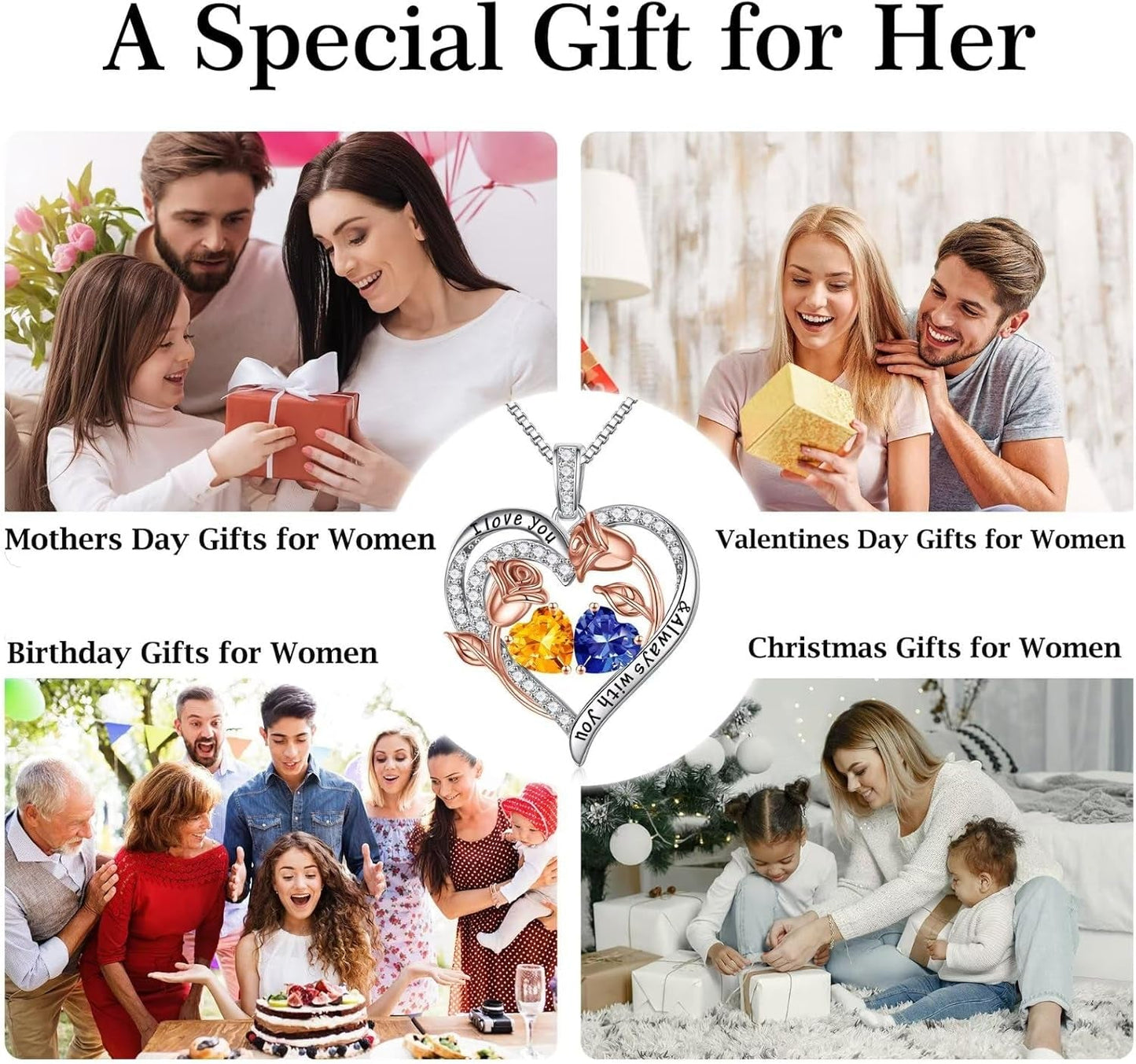 Birthstone Necklace for Women - 925 Sterling Silver Rose Heart Birthstone Necklace Birthday Gifts for Women Anniversary Jewelry Gifts for Her Wife Mom Daughter