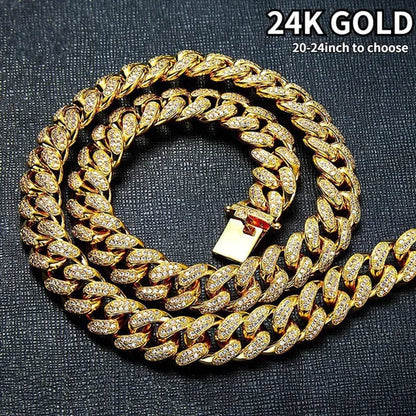 1pc Iced Out Bling Rhinestone Crystal Gold Finish Miami Cuban Link Chain Diamond Gold/925 Silver Men's Hip Hop Necklace or Bracelet Jewelry 8/20/24/28 Inch
