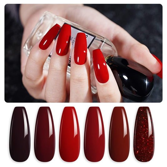 Burgundy Red Gel Nail Polish Set of 6 Colors Including Black Glitter Red Gel Polish Kit U V LED Soak off Nail Polish Home DIY Manicure Nail Salon Varnish