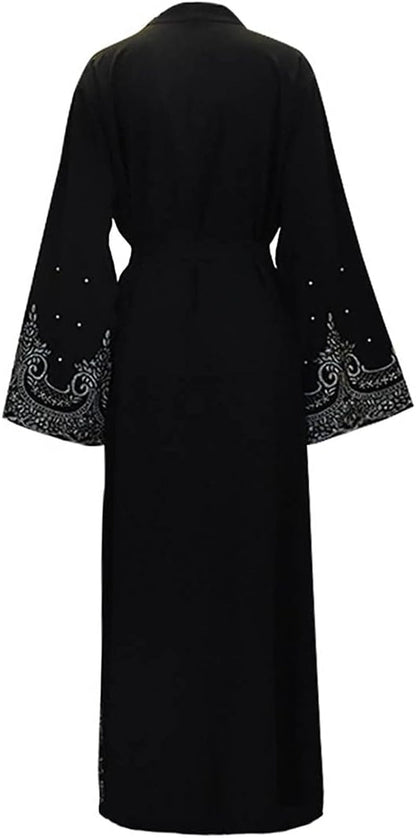 Women Muslim Dress Middle East Arabian Robe Islamic Abaya Long Sleeve Rhinestones Embroidered Cardigan Dress
