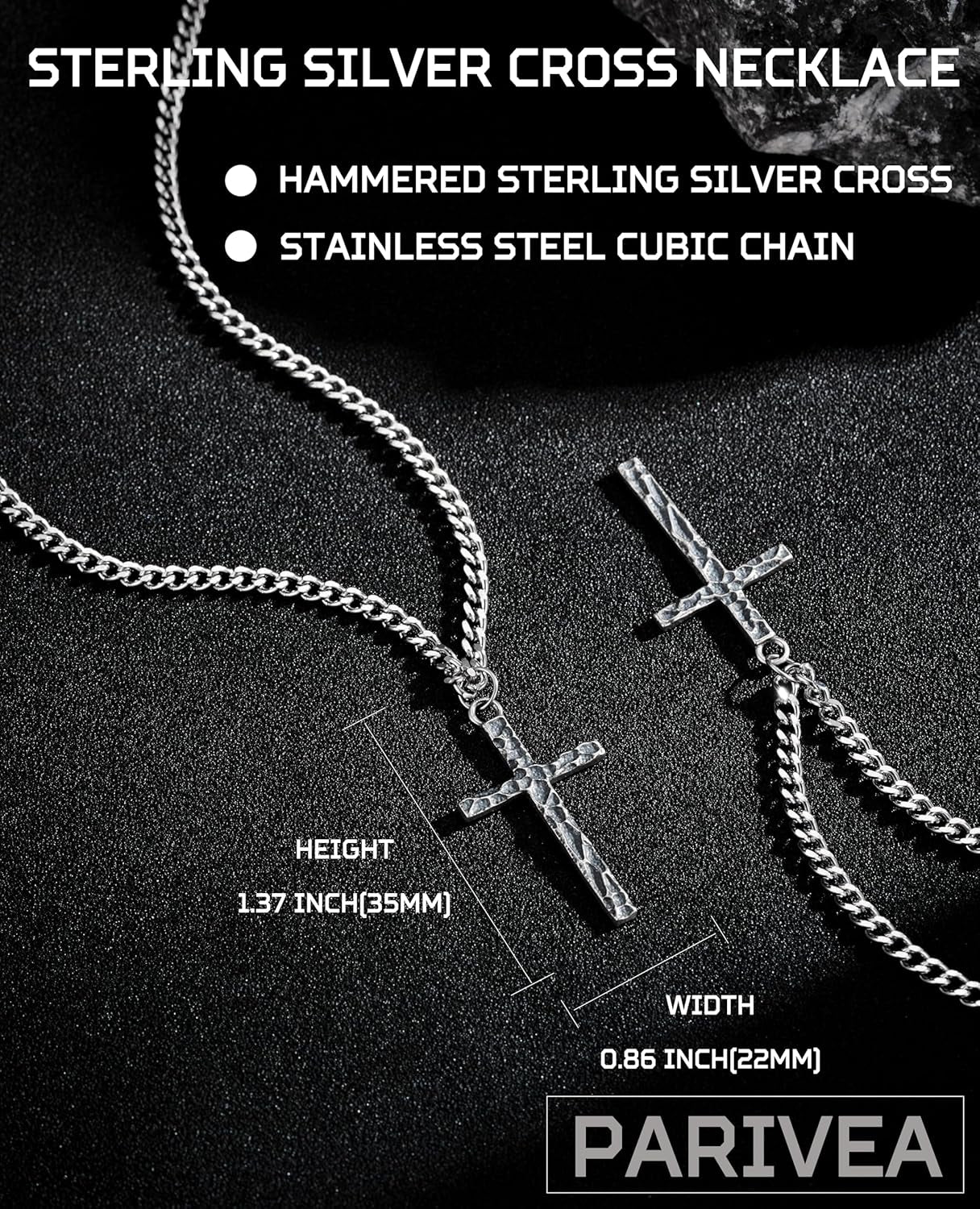 925 Sterling Silver Cross Necklace Men - Oxidized Hammered Cross Pendant with Stainless Steel Cuban Link Curb Chain Vintage Unique Crucifix Necklaces Silver Jewelry for Mens Women 16-30 Inches