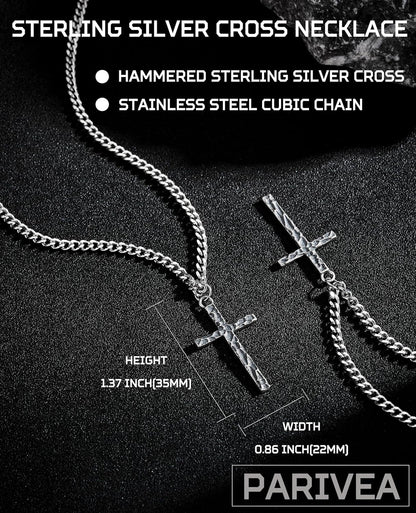925 Sterling Silver Cross Necklace Men - Oxidized Hammered Cross Pendant with Stainless Steel Cuban Link Curb Chain Vintage Unique Crucifix Necklaces Silver Jewelry for Mens Women 16-30 Inches