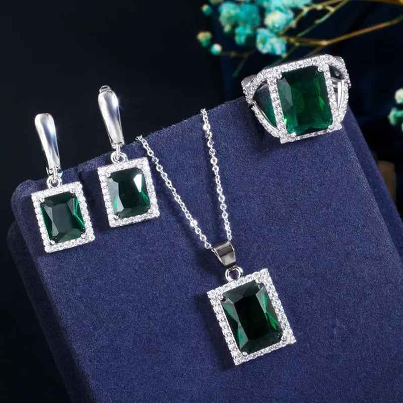 Gloriya Elegant Purple CZ Square Pendant Chain Necklace Earrings and Ring Set Women Fashion Silver Plated Jewellery Sets for Best Gifts