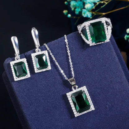 Gloriya Elegant Purple CZ Square Pendant Chain Necklace Earrings and Ring Set Women Fashion Silver Plated Jewellery Sets for Best Gifts