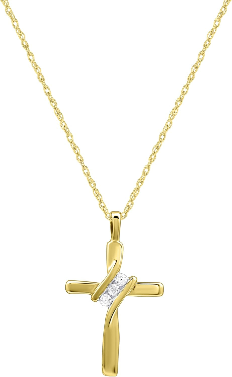 Small 14KT Yellow Gold Plated & Sterling Silver Natural Round-Cut Diamond Accent 3 Stone Cross Pendant with an 18 Inch Chain - WORLD TIME VISITS
