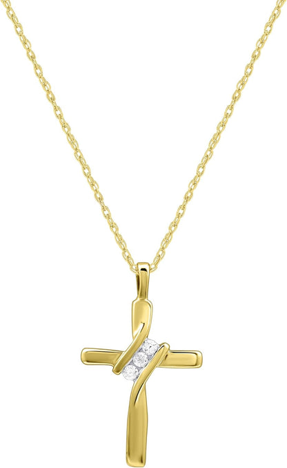 Small 14KT Yellow Gold Plated & Sterling Silver Natural Round-Cut Diamond Accent 3 Stone Cross Pendant with an 18 Inch Chain - WORLD TIME VISITS