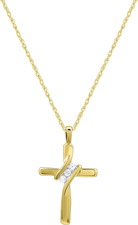 Small 14KT Yellow Gold Plated & Sterling Silver Natural Round-Cut Diamond Accent 3 Stone Cross Pendant with an 18 Inch Chain - WORLD TIME VISITS