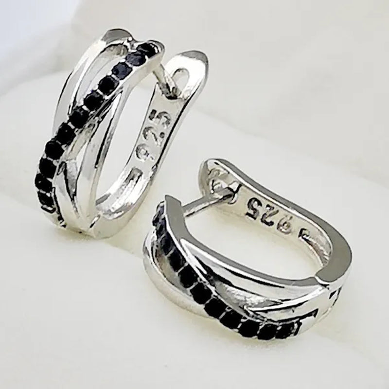 Simple Classic Earrings 925 Sterling Silver Black Sapphire Cross Stud Hoop Earrings Wedding Jewelry Gifts For Women - WORLD TIME VISITS
