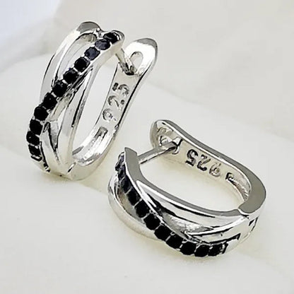 Simple Classic Earrings 925 Sterling Silver Black Sapphire Cross Stud Hoop Earrings Wedding Jewelry Gifts For Women - WORLD TIME VISITS