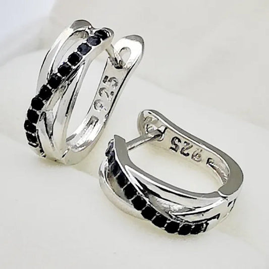 Simple Classic Earrings 925 Sterling Silver Black Sapphire Cross Stud Hoop Earrings Wedding Jewelry Gifts For Women - WORLD TIME VISITS