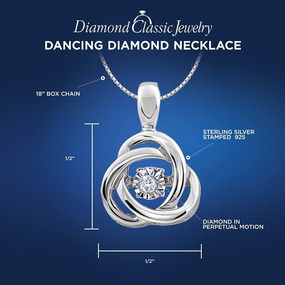 Diamond Pendant Necklace Dancing Diamond Love Knot - Sterling Silver, Yellow Gold Plated Silver, or Rose Gold Plated Silver-Natural Diamond-18 Inch Chain