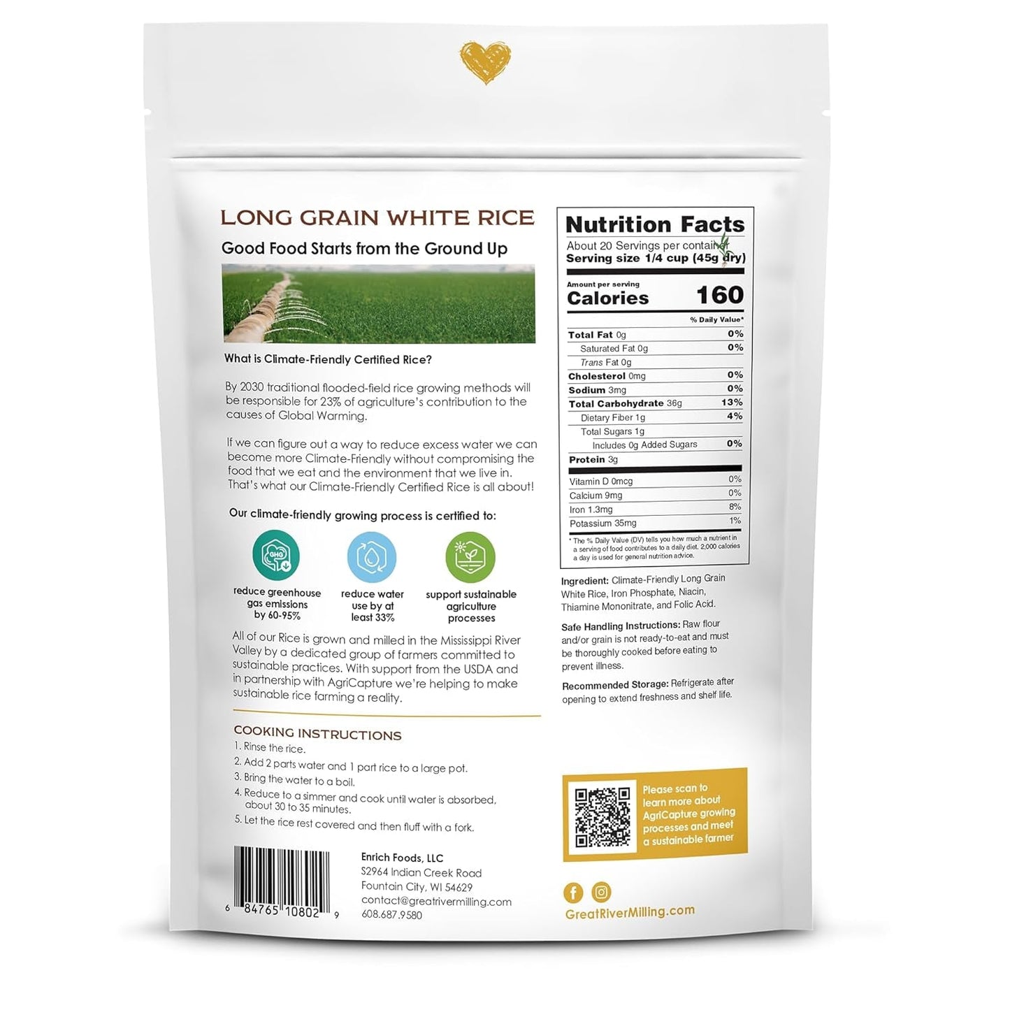 Climate Friendly White Rice, Long Grain White Rice Cooker Ready, Gluten Free, Vegan, Kosher, Vegetarian, Non-Gmo, Plant Based, US Sustainably Grown, 2Lb. Resealable Bag (Pack of 3) (Packaging May Vary)