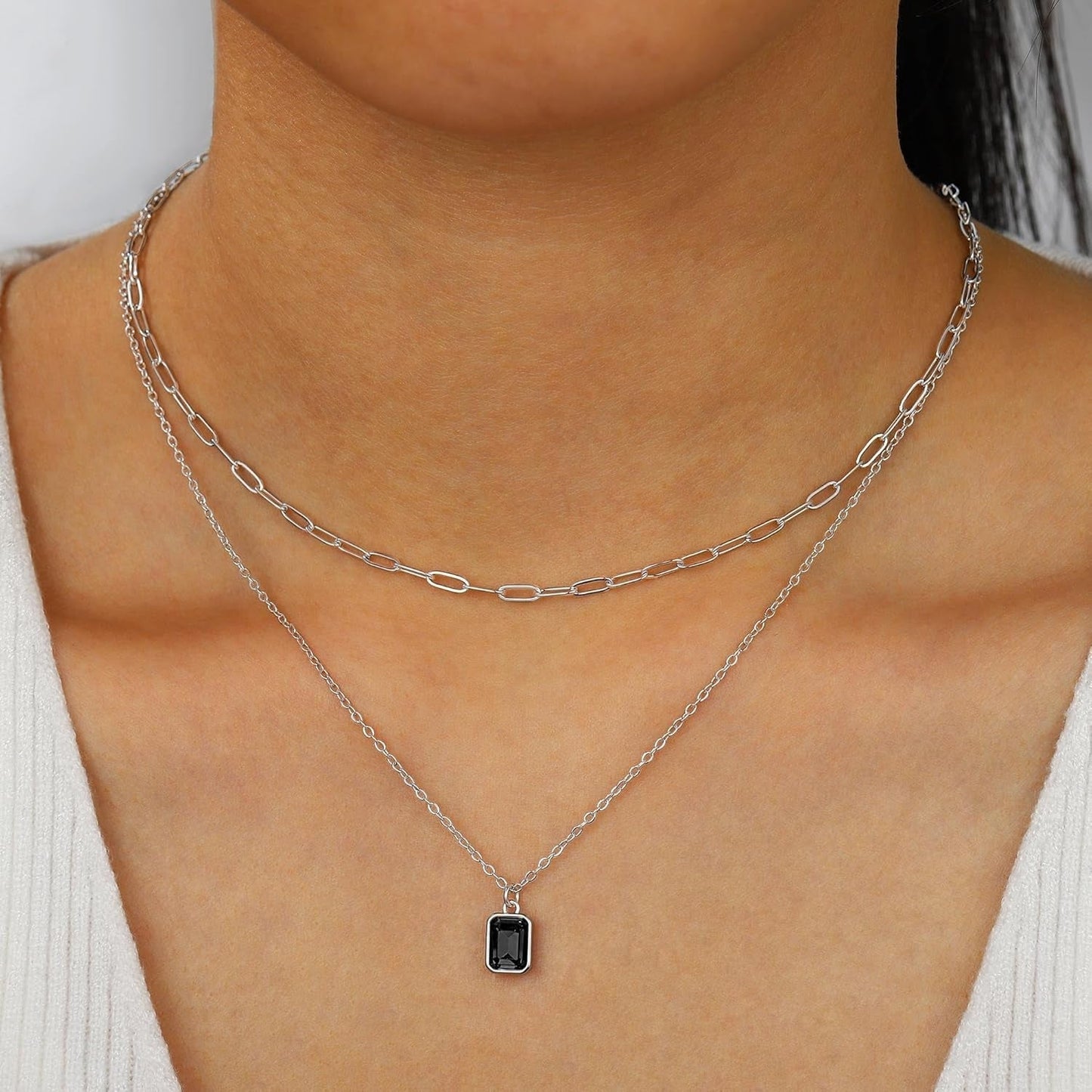 Layered Birthstone Necklace for Women Girls, Gold Silver Rose Gold Plated Layered Paperclip Chain Choker Necklace with Rectangle Birthstone Pendant Birthday Gifts for Women Girls Jewelry