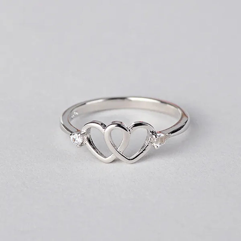 Cute 925 Sterling Silver Double Heart Shaped Hollow Diamond Ring Wedding Engagment Courtship Rings Jewerlry for Women Lady Girl