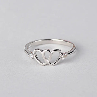 Cute 925 Sterling Silver Double Heart Shaped Hollow Diamond Ring Wedding Engagment Courtship Rings Jewerlry for Women Lady Girl