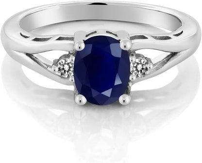925 Sterling Silver Gemstone Birthstone and Diamond 3 Stone Engagement Ring for Women | Oval 8X6MM | round 2MM | Wedding Engagement Anniversary Promise Ring | Sizes 5-9