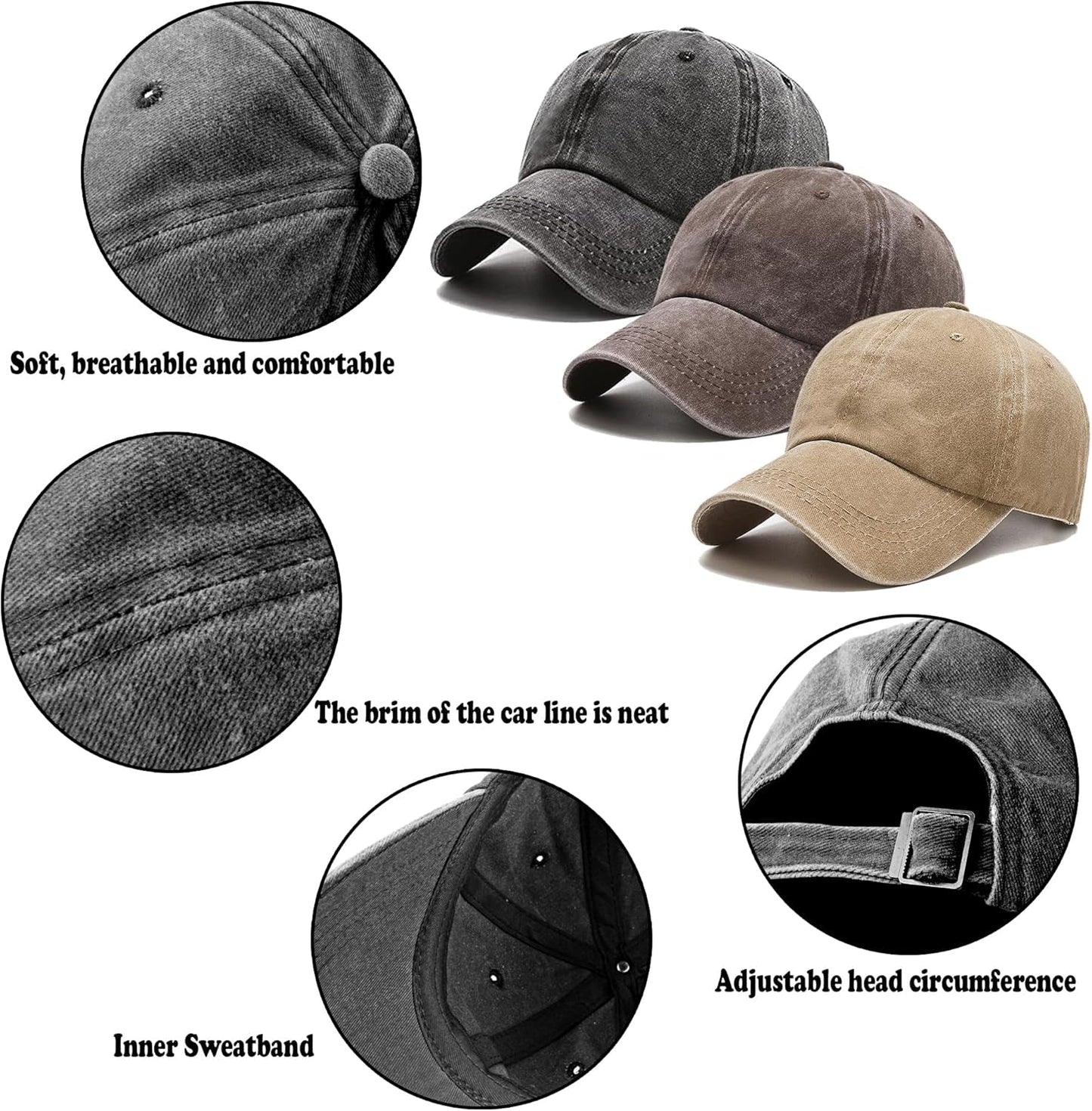 3 Pack Washed Plain Vintage Baseball Cap Cotton Adjustable Twill Bulk Low Profile Classic Dad Hat for Men/Women