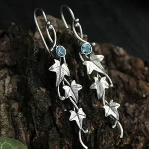 Retro 925 Sterling Silver Natural Gemstone Leaf Ivy and Elf Earrings for Women Charm Emerald & Sapphire & Ruby & Amethyst Dangle Earring Fashion Wedding Engagement Hoop Earring