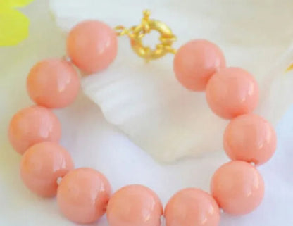 8" 16mm CORAL PINK ROUND SOUTH SEA SHELL PEARL BRACELET - WORLD TIME VISITS