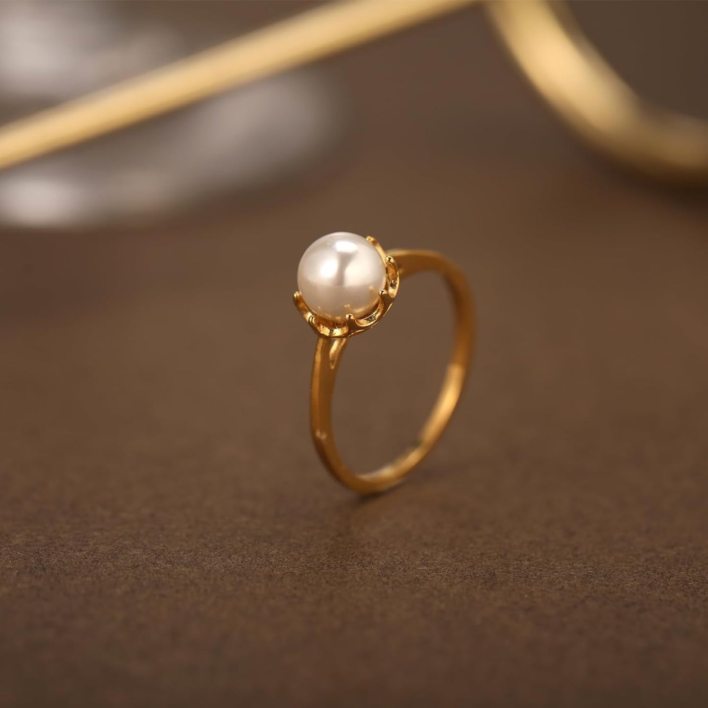 Pearl Ring for Women, 18K Gold Plated Womens Gold Rings for Bride Wedding Engagement Band Birthday Gold Rings Size 5 to 9