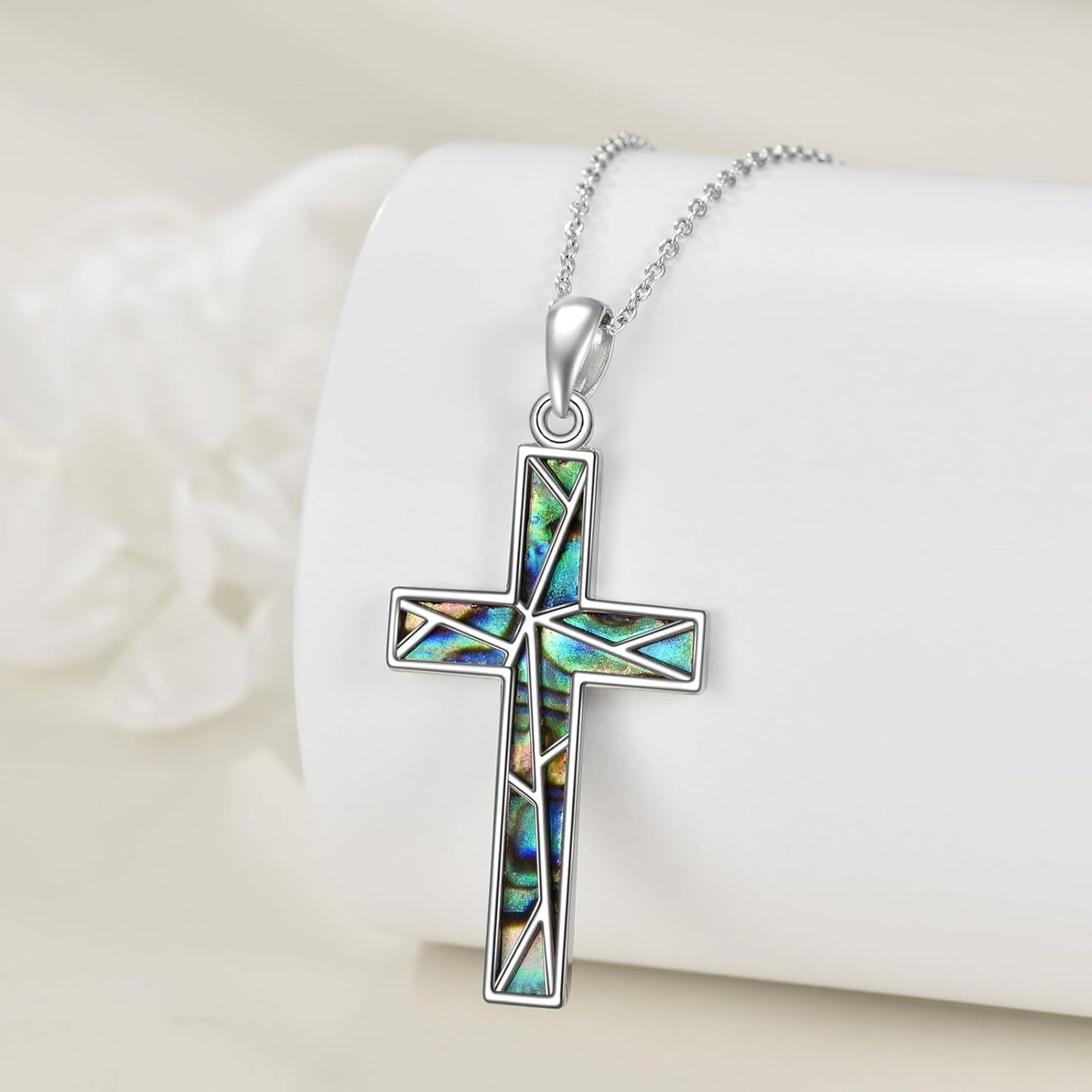 Religious Cross Pendant Necklace Sterling Silver Abalone Shell Cross Pendant Gifts for Women Men Jewelry