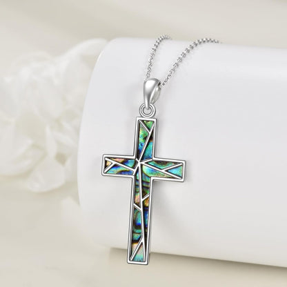 Religious Cross Pendant Necklace Sterling Silver Abalone Shell Cross Pendant Gifts for Women Men Jewelry