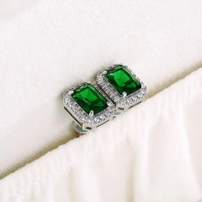 Fashion Jewelry 925 Sterling Silver Emerald Ear Studs Diamond Earrings