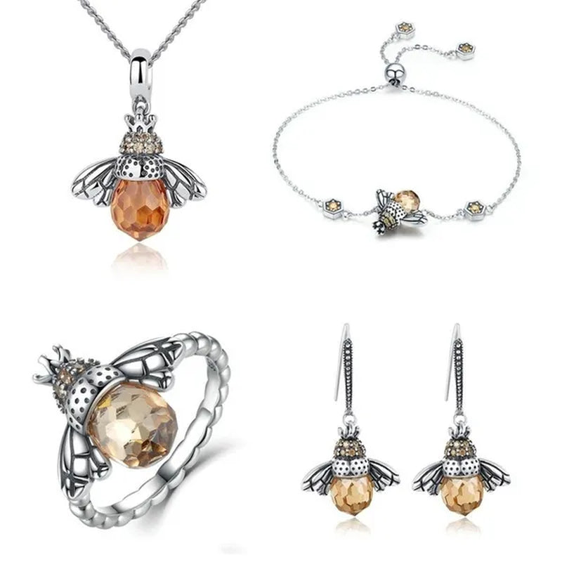 Fashion 925 Sterling Silver Queen Bee Crystal Gemstone Cubic Zirconia Ring Earrings Necklace Bracelet Jewelry Set CZ Charm Women Bridal Engagement Wedding Jewelry Set Gift