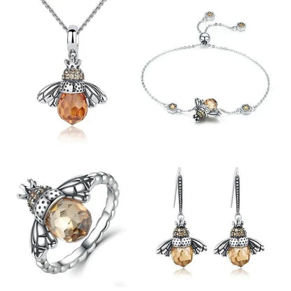 Fashion 925 Sterling Silver Queen Bee Crystal Gemstone Cubic Zirconia Ring Earrings Necklace Bracelet Jewelry Set CZ Charm Women Bridal Engagement Wedding Jewelry Set Gift