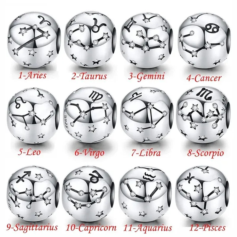 European Hot 12 Constellation Zodiac round 925 Sterling Silver Beads Charm for Women Bracelet Shining CZ Charm Fit Original Bangle Necklace DIY Jewelry Making