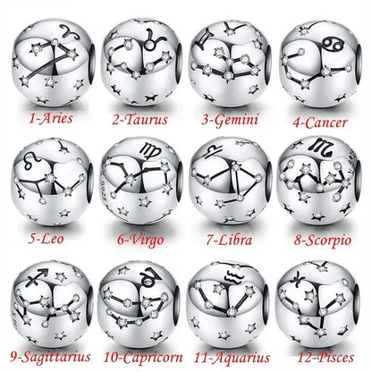 European Hot 12 Constellation Zodiac round 925 Sterling Silver Beads Charm for Women Bracelet Shining CZ Charm Fit Original Bangle Necklace DIY Jewelry Making