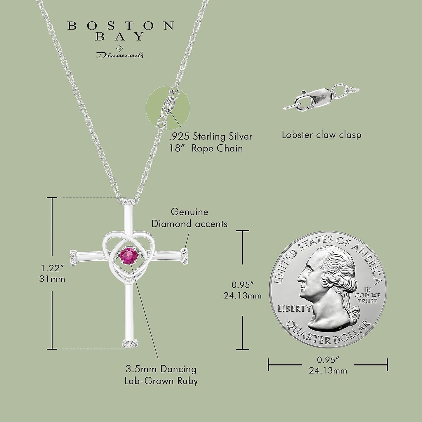 .925 Sterling Silver Gemstone Cross Pendant Necklace with Adjustable 18" Chain- Choice of Birthstone