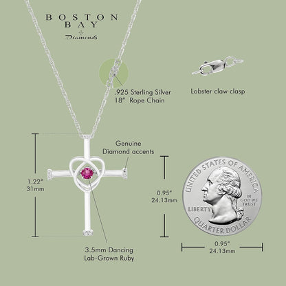 925 Sterling Silver Dancing Birthstone Gemstone & Diamond Orbit Heart Cross Pendant with 18" Rope Chain