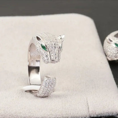 Fashion Rings Personality 925 Sterling Silver Plated Jaguar Rings with Green Rhinestone Eyes Animal