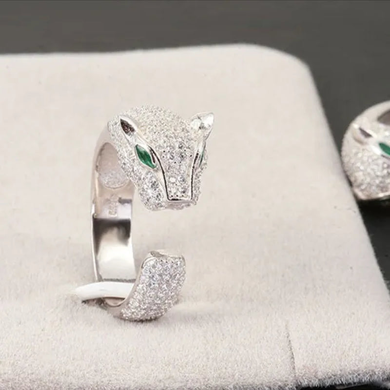 Fashion Rings Personality 925 Sterling Silver Plated Jaguar Rings with Green Rhinestone Eyes Animal
