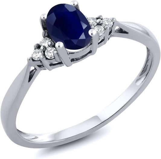 14K White Gold Blue Sapphire and White Diamond Engagement Ring for Women (0.61 Cttw, Gemstone Birthstone, Available 5,6,7,8,9)