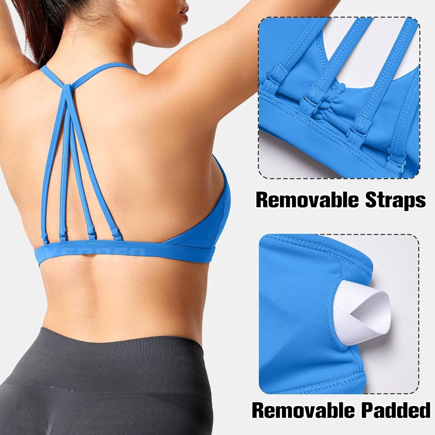 Workout Sports Bras for Women Padded Strappy Open Back Gym Bra Light Impact Criss Cross Yoga Crop Top