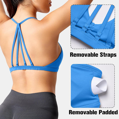 Workout Sports Bras for Women Padded Strappy Open Back Gym Bra Light Impact Criss Cross Yoga Crop Top