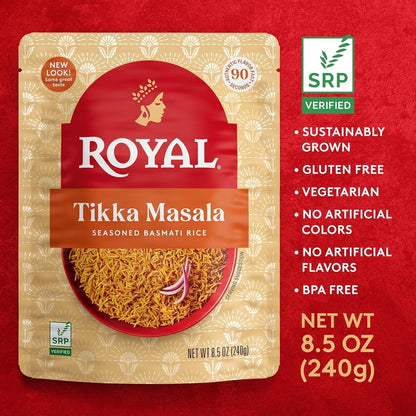 Tikka Masala Basmati Rice - Ready to Heat Basmati Rice - (4 Pack) 8.5 Oz Microwaveable Pouch - WORLD TIME VISITS