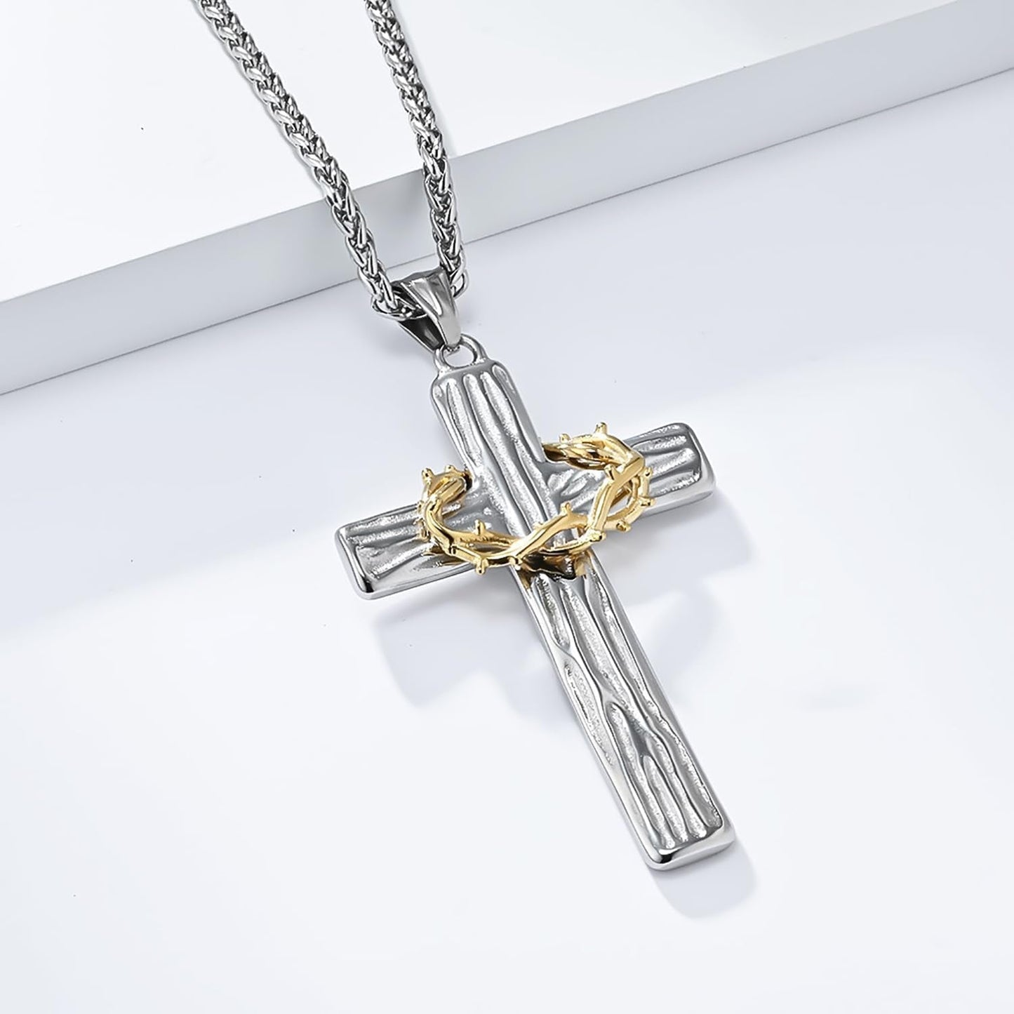 Cross Necklace for Men,Stainless Steel Black Silver Jesus Christ Crucifix Pendant Necklaces Meaningful Religious Jewelry，60Cm Rolo Chain