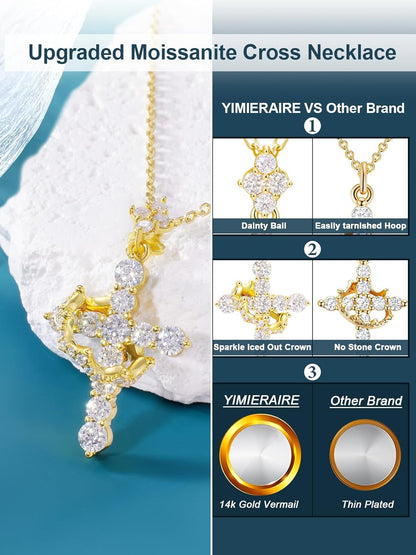 Upgraded Moissanite Crown Cross Necklace 14K Gold Vermeil 1.1 Carats Dainty Iced Out Christian Faith Cross Jewelry S925 Sterling Silver Simple Gold Moissanite Cross Pendant Necklace for Women
