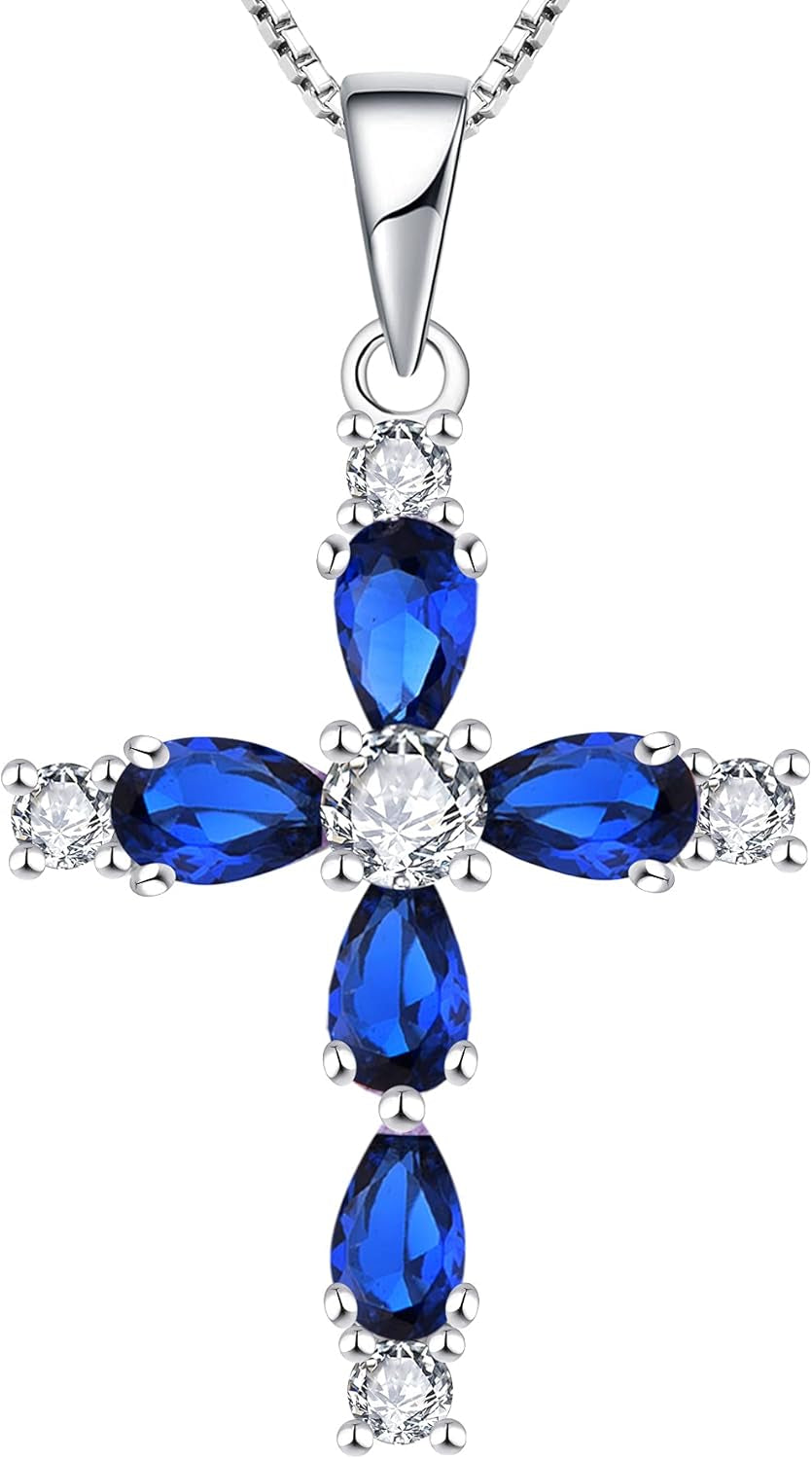 Cross Necklace for Women 925 Sterling Silver Halo Gemstone Pendant Birthstone Religious Jewelry for Mom - WORLD TIME VISITS
